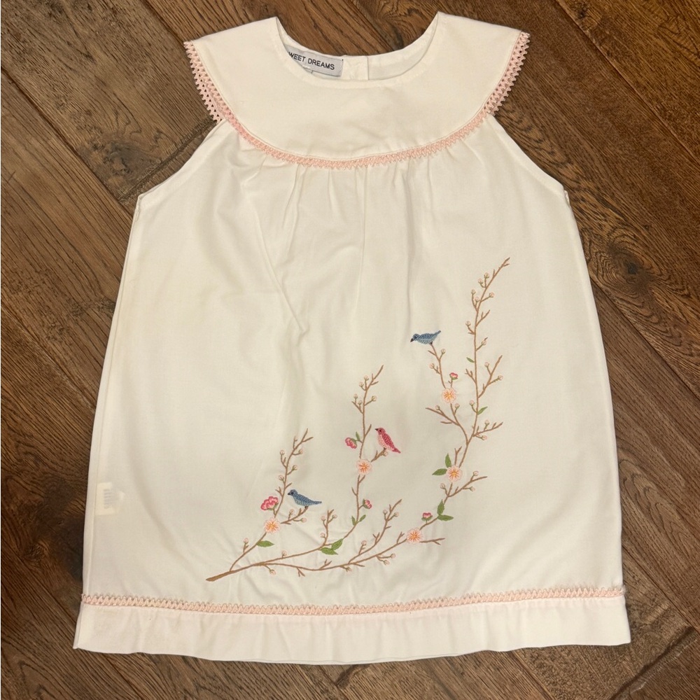 Sweet Dreams - White Dress w/Bird and Floral Embroidered,Pink Trim - Size:24M/2T